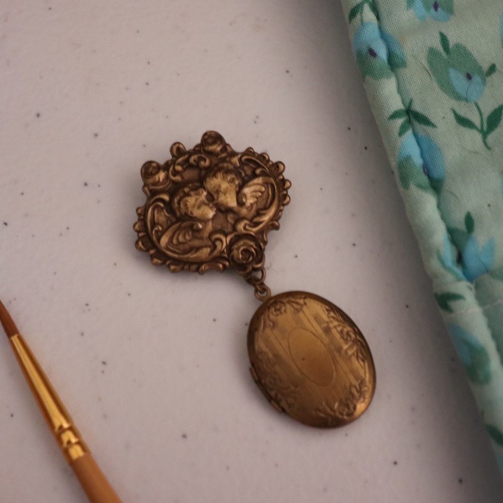 Antique Cherub Angel Locket Pin